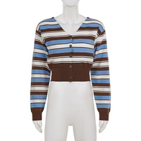 V-neck striped fitted waist cardigan knit top - Thumbnail 3