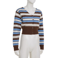 V-neck striped fitted waist cardigan knit top - Thumbnail 4