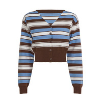 V-neck striped fitted waist cardigan knit top - Thumbnail 5