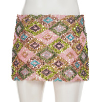 Retro colorful diamond sequined low-waisted bodycon skirt - Thumbnail 2