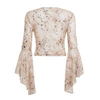 Retro-style printed mesh cover-up with crossover V-neck, slim fit, slightly sheer flared sleeves - Thumbnail 2