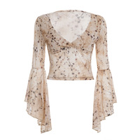 Retro-style printed mesh cover-up with crossover V-neck, slim fit, slightly sheer flared sleeves - Thumbnail 5