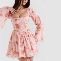 Fashion Sweet Floral Fragments Slim Women'S Long Sleeved Dress - Thumbnail 2