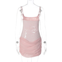 Fashionable sequined sleeveless sexy strapless halter top patchwork mesh bodycon dress - Thumbnail 6