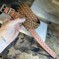 3-row staggered brass medium dome studs belt (british tan) - Thumbnail 6