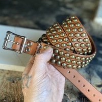 3-row staggered brass medium dome studs belt (british tan) - Thumbnail 1