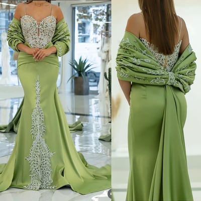 Sage green prom dresses mermaid evening gown with beading