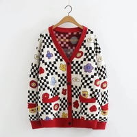 Artful Checkerboard Florwer Cardigan - Thumbnail 2