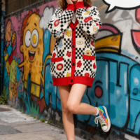 Artful Checkerboard Florwer Cardigan - Thumbnail 1