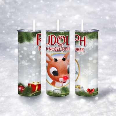 Rudolph the red-nosed reindeer christmas tumbler | holiday gifts snowflakes ​skinny tumbler wrap sublimation design (20oz)