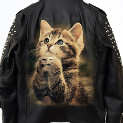 Crafted leather women cute praying cat black punk biker studded leather jacket with spikes