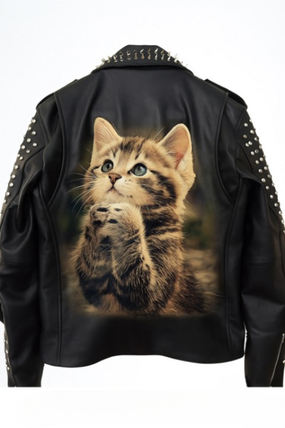Crafted Leather Women Cute Praying Cat Black Punk Biker Studded Leather Jacket With Spikes