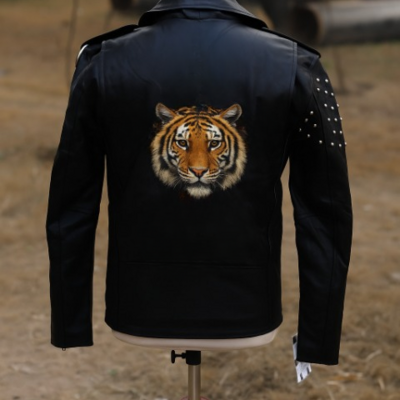 Crafted leather men's new fashion cross tiger print punk style studded leather jacket 