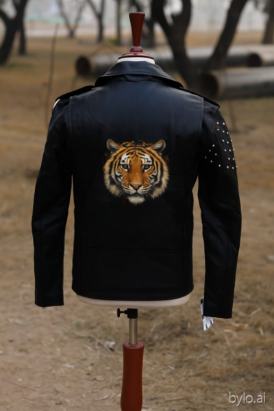 Crafted Leather Men's New Fashion Cross Tiger Print Punk Style Studded Leather Jacket 