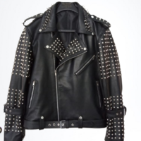 Crafted Leather Women Cute Praying Cat Black Punk Biker Studded Leather Jacket With Spikes - Thumbnail 1