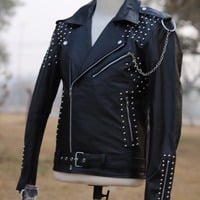 Crafted Leather Men's New Fashion Cross Tiger Print Punk Style Studded Leather Jacket  - Thumbnail 1