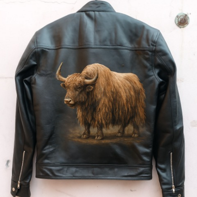 Crafted leather men's fashion yak print dark brown leather biker motorcycle jacket - Thumbnail 5