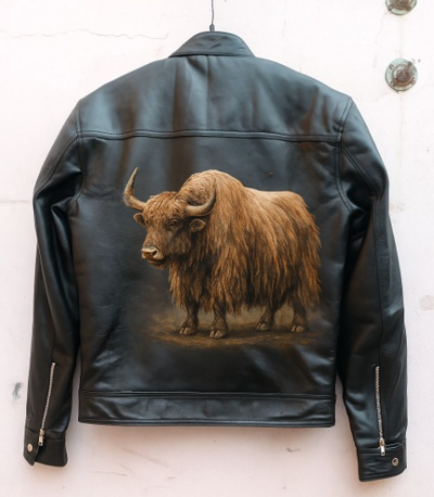 Crafted Leather Men's Fashion Yak Print Dark Brown Leather Biker Motorcycle Jacket