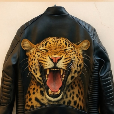 Crafted leather mens classic laughing leopard print black leather jacket motorcycle slim fit biker  - Thumbnail 3