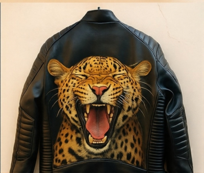 Crafted Leather Mens Classic Laughing Leopard Print Black Leather Jacket Motorcycle Slim Fit Biker 