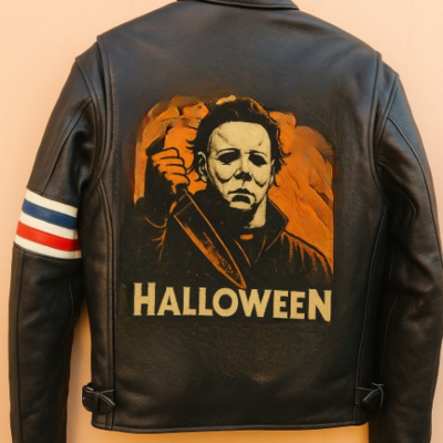 Crafted leather halloween black orange boogeyman with red, white  and blue stripes biker motorcycle jacket - Thumbnail 2