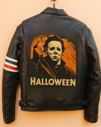 Crafted Leather HALLOWEEN BLACK ORANGE BOOGEYMAN with Red, White  and Blue Stripes Biker Motorcycle Jacket