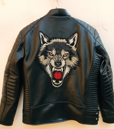 Crafted Leather Men's Fashion Wolf Print Jacket Black Slim fit Biker jacket 