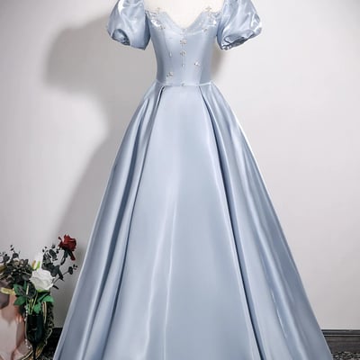 Blue satin long a-line prom formal gown - Thumbnail 1