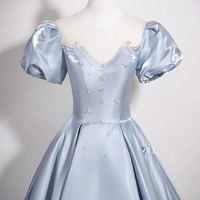 Blue Satin Long A-Line Prom Formal Gown - Thumbnail 1
