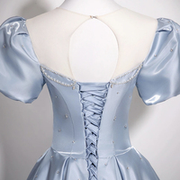 Blue Satin Long A-Line Prom Formal Gown - Thumbnail 2