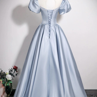 Blue Satin Long A-Line Prom Formal Gown - Thumbnail 3
