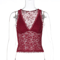 Hollow-out fitted V-neck tank top with sexy lace - Thumbnail 2