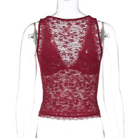 Hollow-out fitted V-neck tank top with sexy lace - Thumbnail 3