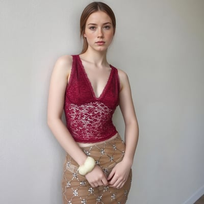 Hollow-out fitted v-neck tank top with sexy lace