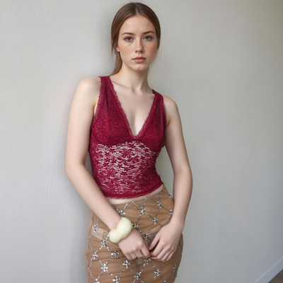 Hollow-out fitted V-neck tank top with sexy lace