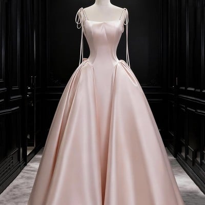 Pink satin long a-line prom formal gown - Thumbnail 1