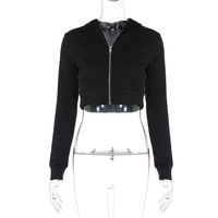 Stylish Cardigan Zipper Hooded Slim Fit Cropped Long-Sleeved Top - Thumbnail 2