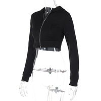 Stylish Cardigan Zipper Hooded Slim Fit Cropped Long-Sleeved Top - Thumbnail 4