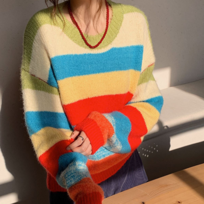 Rainbow stripe color block pullover knit sweater