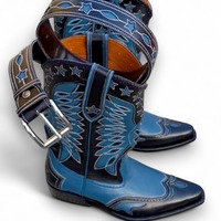  Crafted Leather New Classic Blue Black Men Designer Cowboy Fashion Boot with Matching Belt - Thumbnail 1
