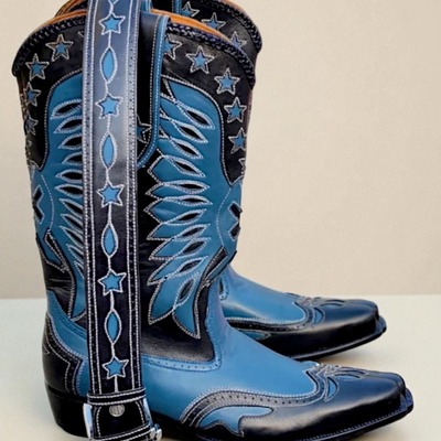  crafted leather new classic blue black men designer cowboy fashion boot with matching belt