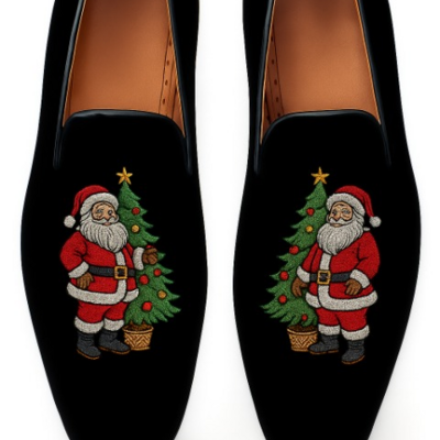 Crafted leather classic embroidery santa claus with christmas tree black velvet loafers shoes