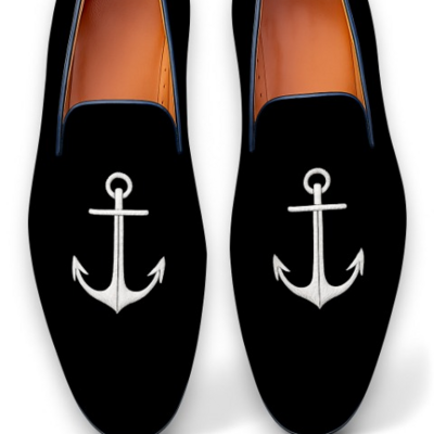 Crafted leather classic embroidery anchor black velvet loafers men shoes 