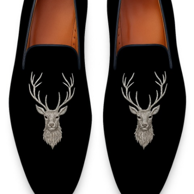 Crafted leather classic embroidery deer with silver stag's head black velvet loafers shoes