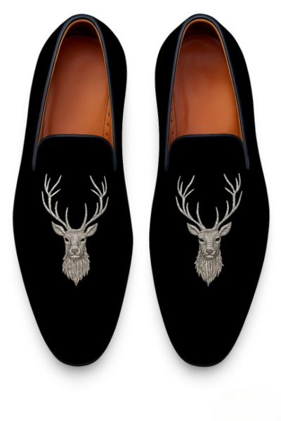 Crafted Leather Classic Embroidery Deer with Silver Stag's Head Black Velvet Loafers Shoes