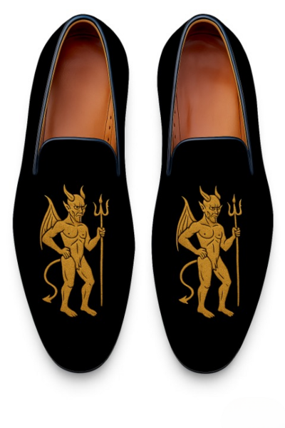 Crafted Leather Classic Embroidery Devil Noir Black Velvet Loafers Shoes