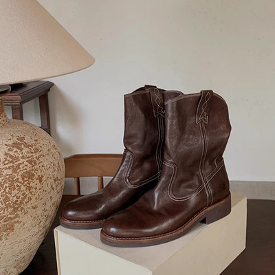 V-shaped thick heel Western boots for women 2 Colors