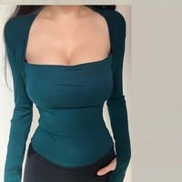 Retro-style black square neck long-sleeved t-shirt that covers slant and square skin - Thumbnail 5