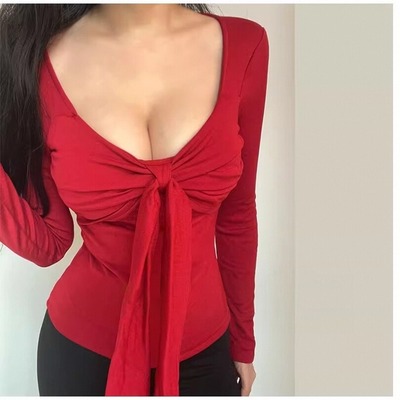 Bow-tie brushed warm long-sleeved t-shirt