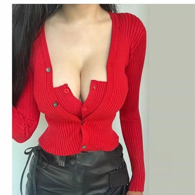 Thin, cropped, ribbed, high-waisted thin sweater